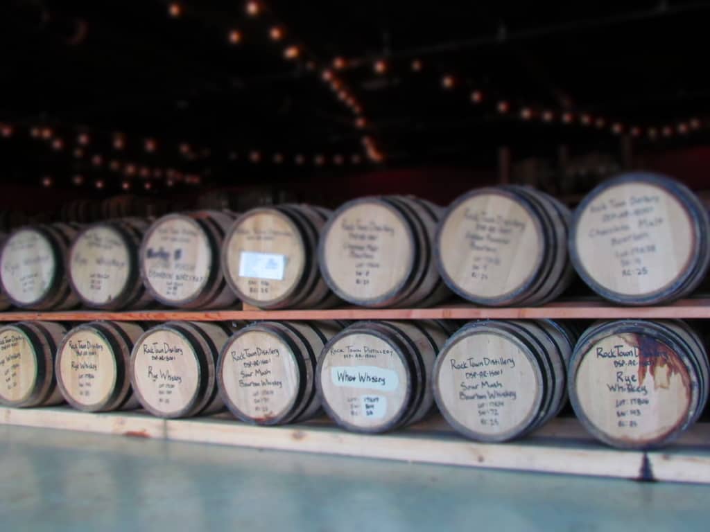 Barrels sit and age the products at Rock Town Distillery.