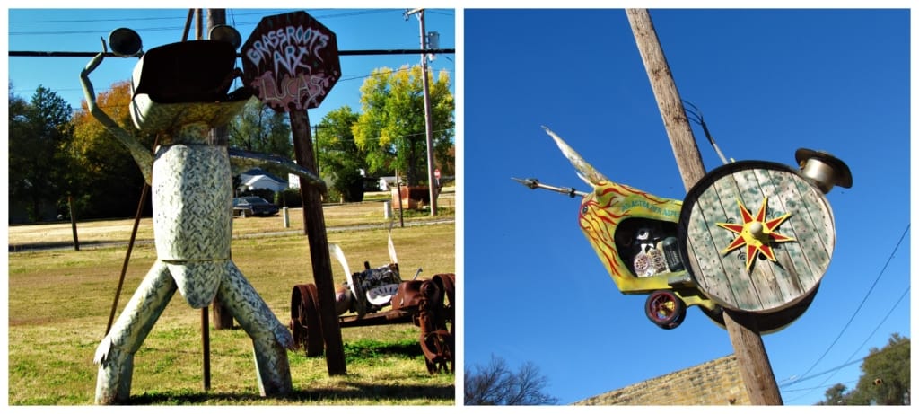 A couple of pieces of folk art are displayed in Lucas, Kansas. 