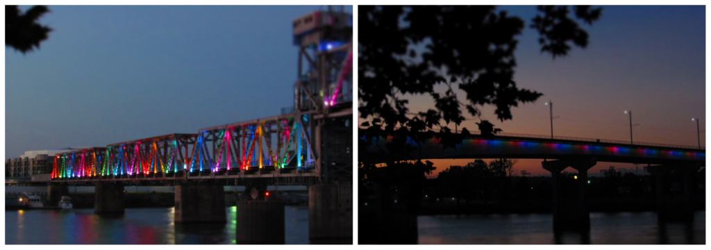 Two of the lighted bridges that cross the Arkansas River in Little Rock, Arkansas. 