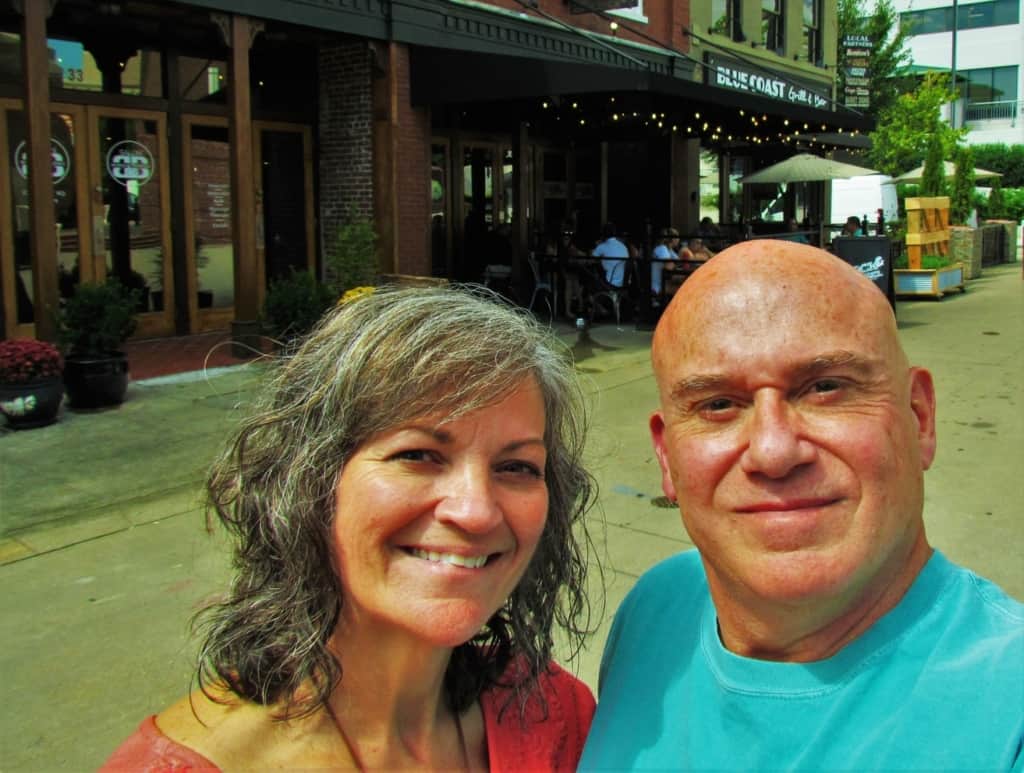 The authors pose for a selfie outside of Stock & Barrel in Market Square. 