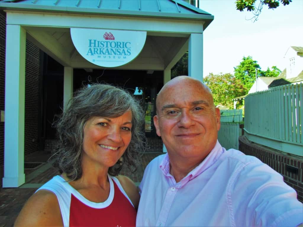 The authors pose for a selfie outside of Historic Arkansas Museum. 