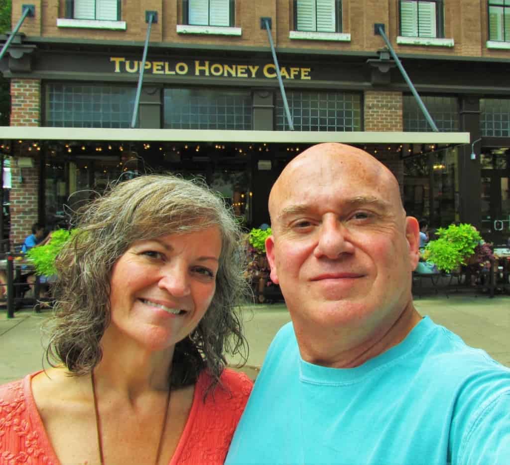 The authors pose for a selfie outside of Tupelo Honey Cafe in downtown Knoxville, Tennessee. 