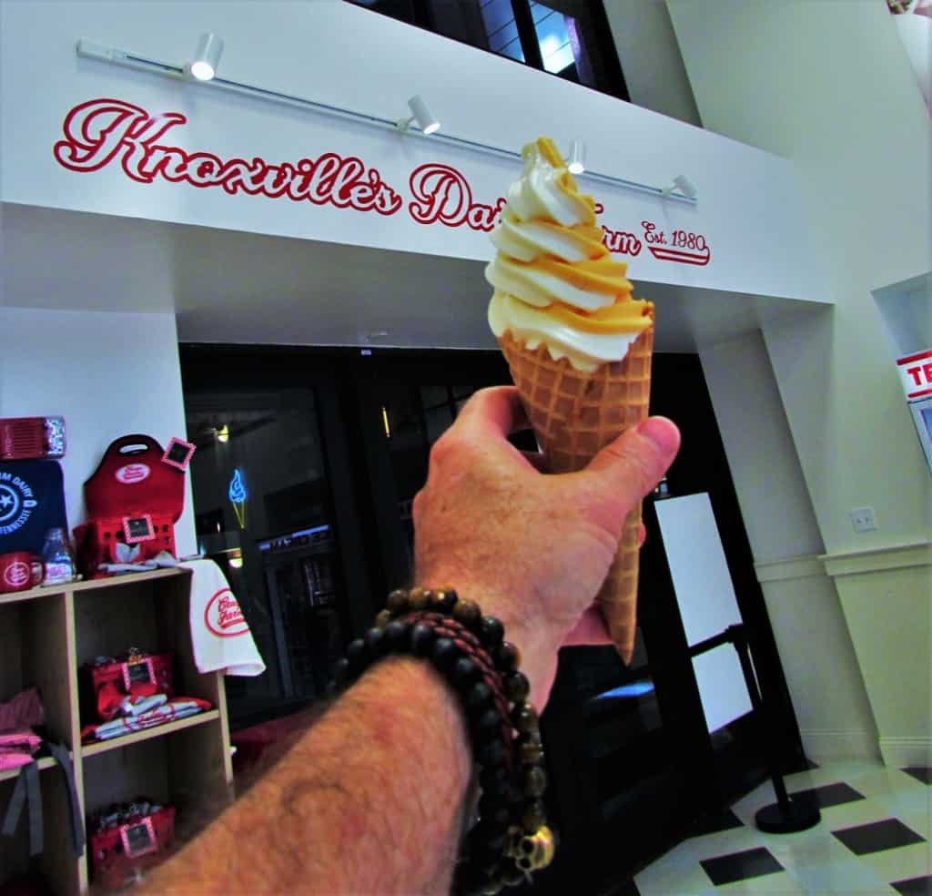 A swirl cone is created from a combination of rotating flavors.