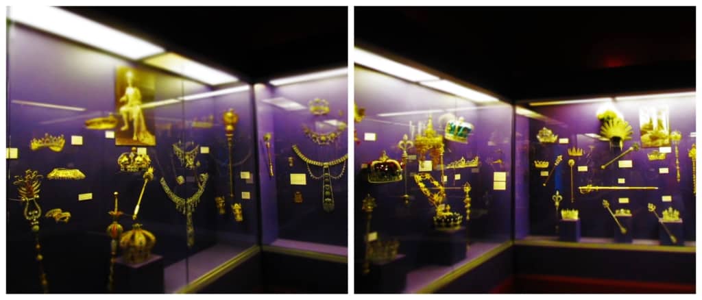 An exhibit displays a variety of the royal jewels that have been used by Krewe kings and queens.