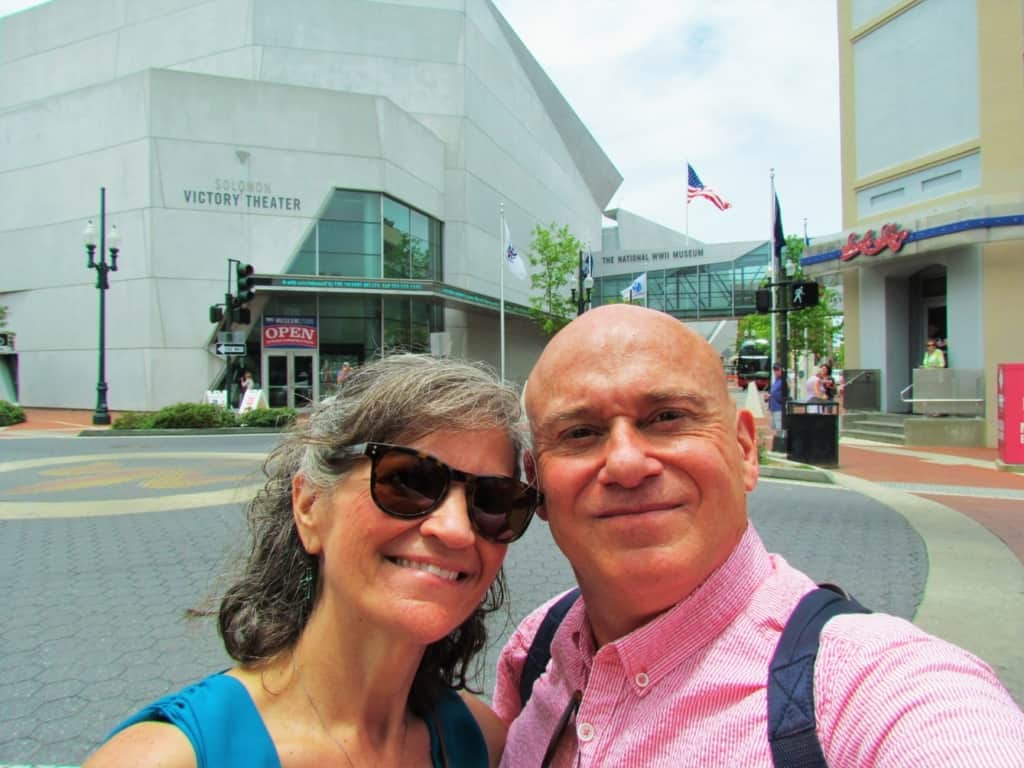 The authors pose for a selfie outside of the National World War II Museum in New Orleans. 