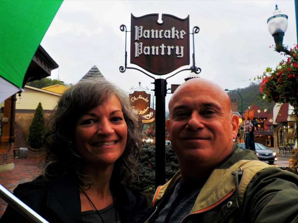 The authors stop for a selfie during their pancake tour of Gatlinburg, Tennessee. 