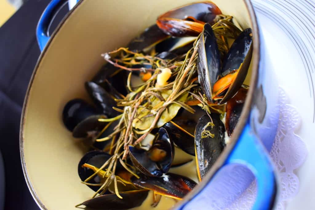 A colorful pot of steamed mussels is as pleasing to the eyes as it is the palate. 