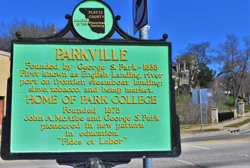 A plaque explains how Parkville came by its unusual name. 