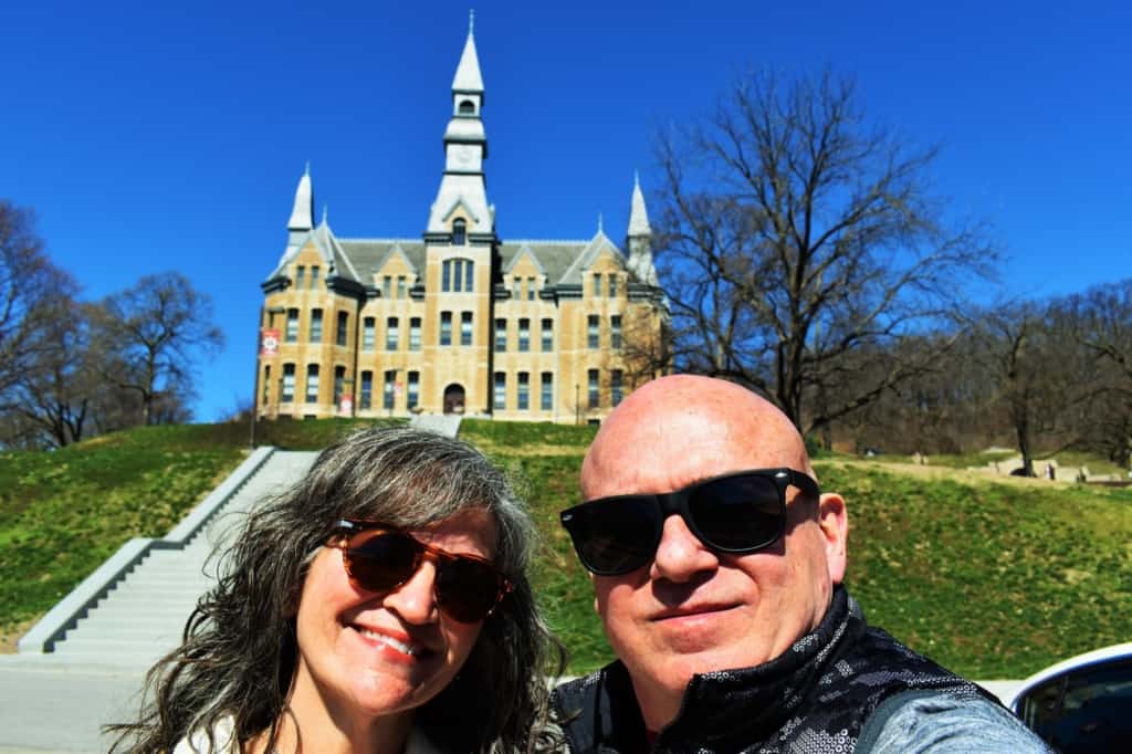 The authors pose for a selfie in front of Park University. 