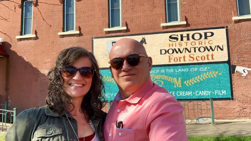 The authors pose for a selfie during their visit to downtown Fort Scott, Kansas. 