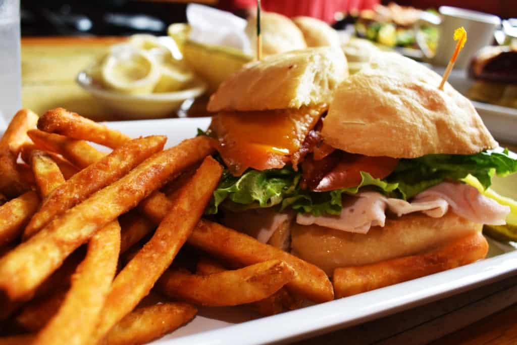 The Boat House Pub's version of a club sandwich is served on a ciabatta bun. 