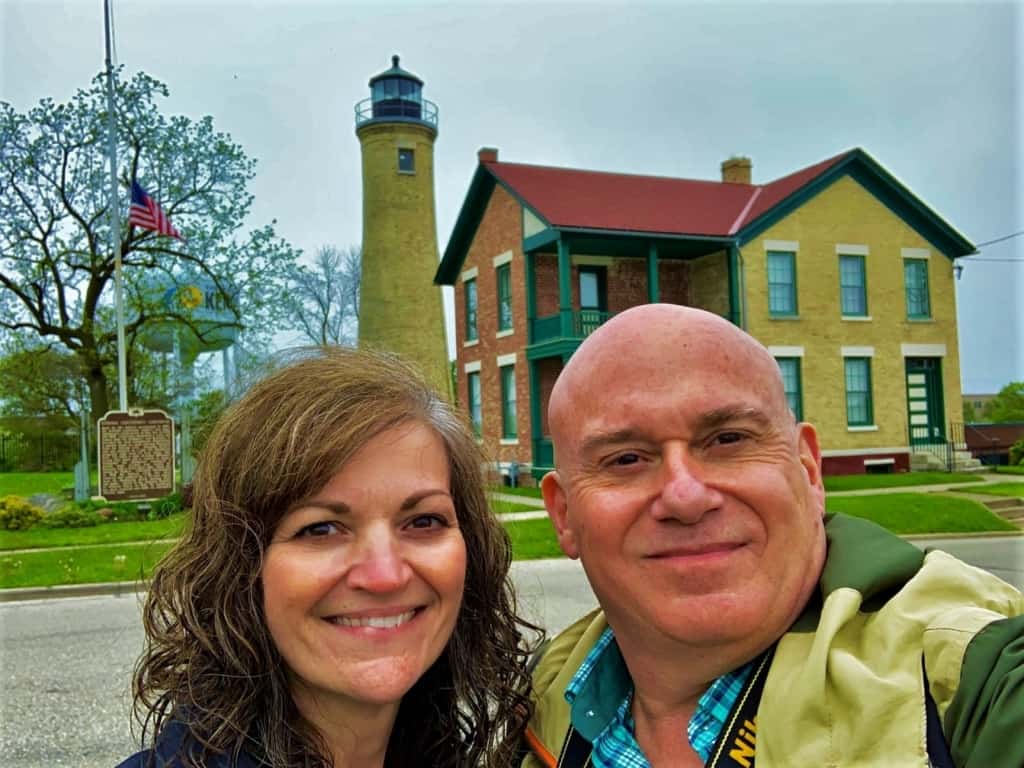 The authors pose for a selfie outside of the Southport Light Station Museum.