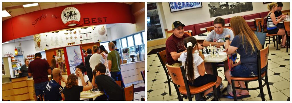 Families enjoy spending some relaxed time together enjoying tasty treats at Oberweis Dairy.