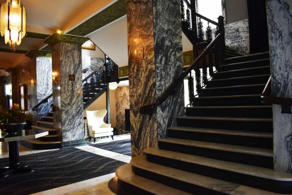 The dramatic marble walls and columns speak of luxury and elegance at the Colcord Hotel in OKC.