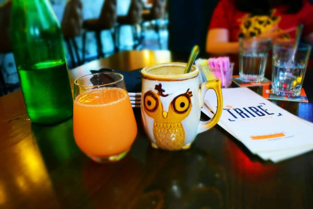 Funky cups and low cost mimosas make brunch a fun event on a rainy Sunday morning.