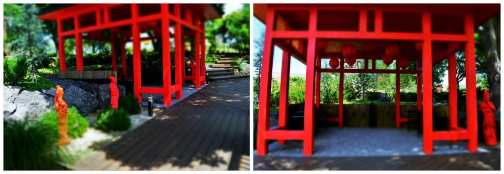 A bright red pavilion makes a great spot to sit and take in the sights and sounds of the gardens. 