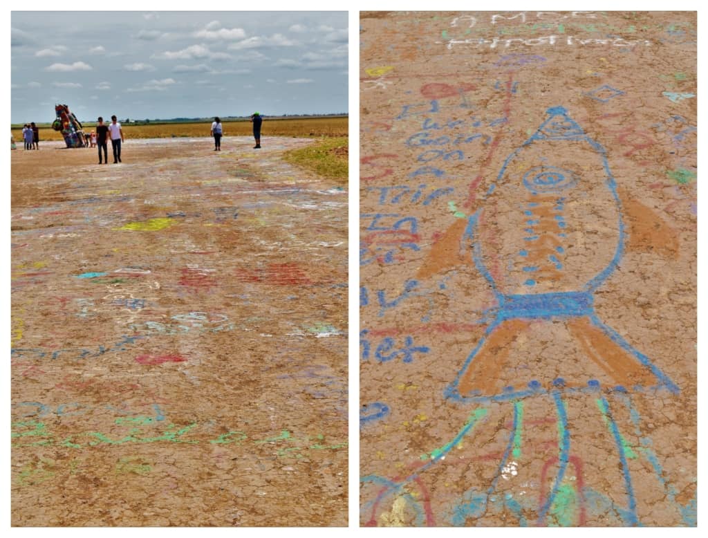The use of spraypaint by visitors, insures that there is an ever changing landscape at the Cadillac Ranch.