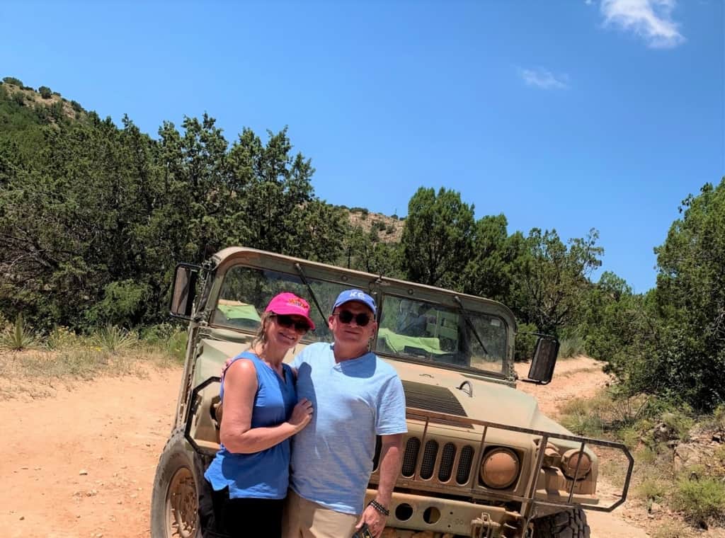 The authors pose for a selfie with the jeep that they rode in during their tour at Palo Duro Creek Ranch.