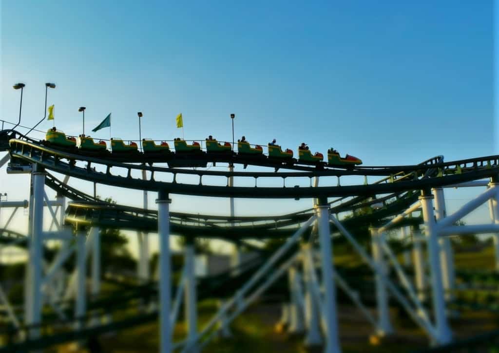 Riders on The Hornet scream with excitement in the setting sun. 