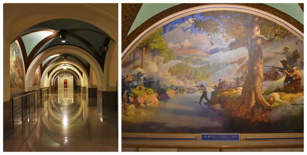 Hallways filled with beautiful artwork are found in the Missouri capitol building. 
