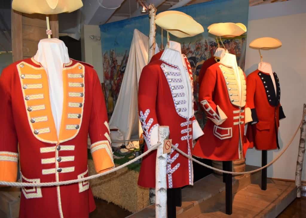 Brightly colored British uniforms are among the displays at the Plains of Abraham Museum in Quebec City. 
