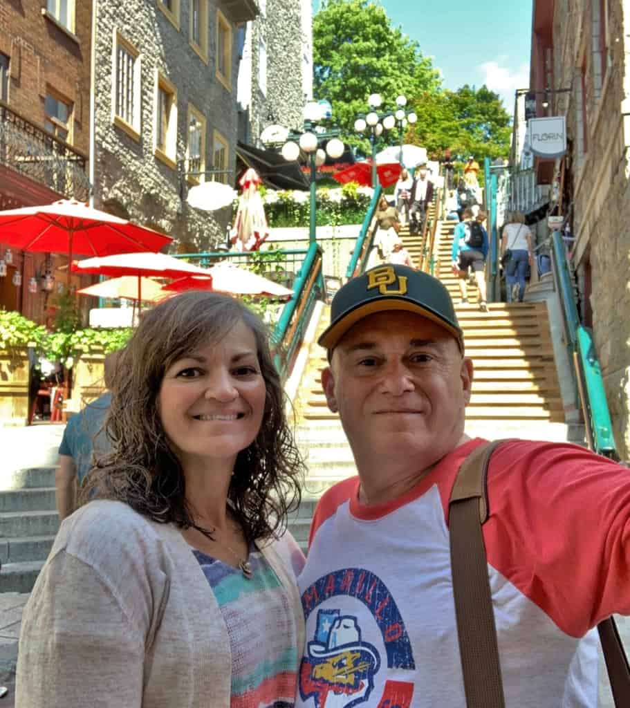 The authors prepare for another journey up the Breakneck Steps after a visit to Rue du Petit Champlain.