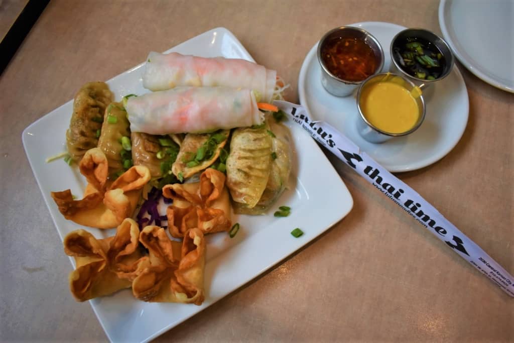 The Sampler Platter makes a beautiful presentation of Thai inspired dishes at Lulu's Noodles. 