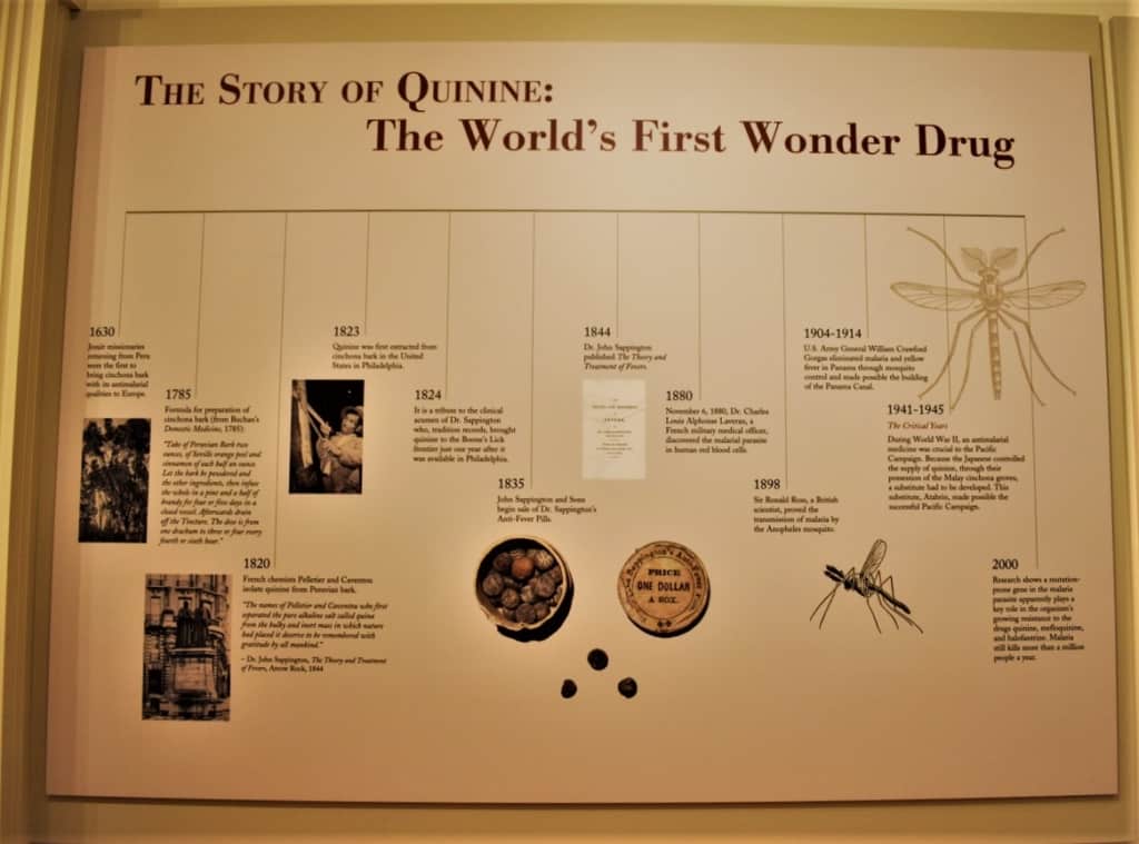 A timeline shows how the use of quinine has adapted over time.