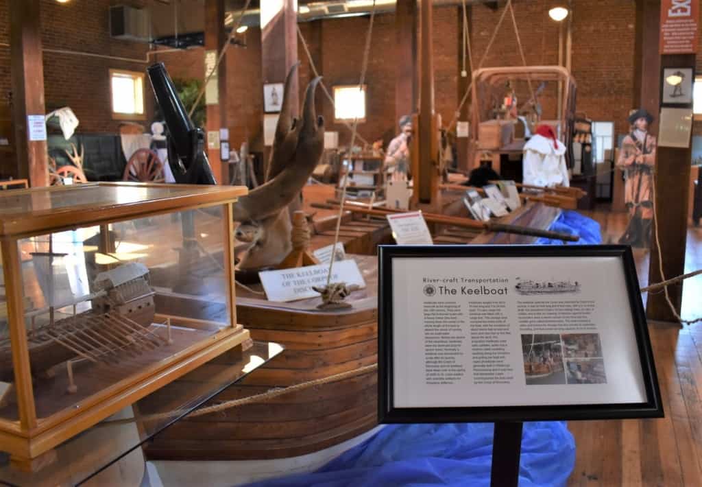 A replica of the keelboat used by Lewis and Clark holds a prominent location in the River, Rails, and Trails Museum. 