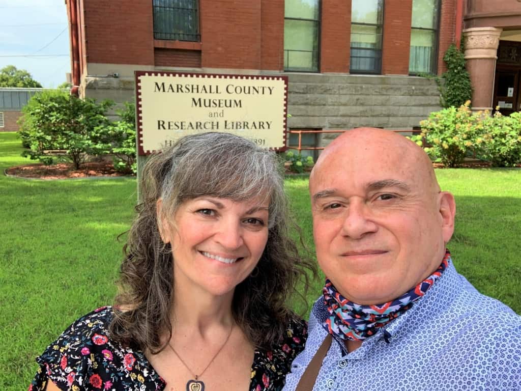 The authors pose for a selfie outside of the Marshall County Museum in Marysville, Kansas. 