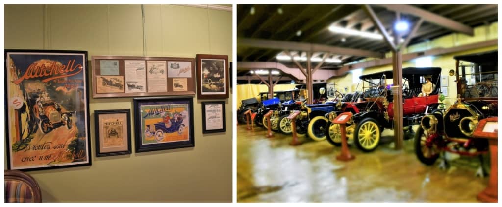 A bevy of beautiful autos line the floor at the Mitchell Car Museum. 