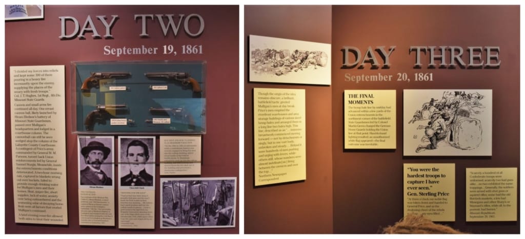 Informational panels, at the Battle of Lexington Museum, tell how the battle progressed. 