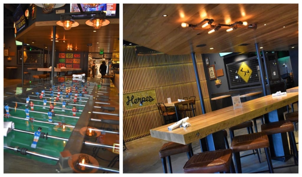 The industrial vibe plays well with the oversized foosball table. 