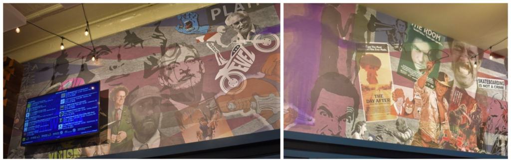 The murals on the walls are tied to Kansas characters and events. 