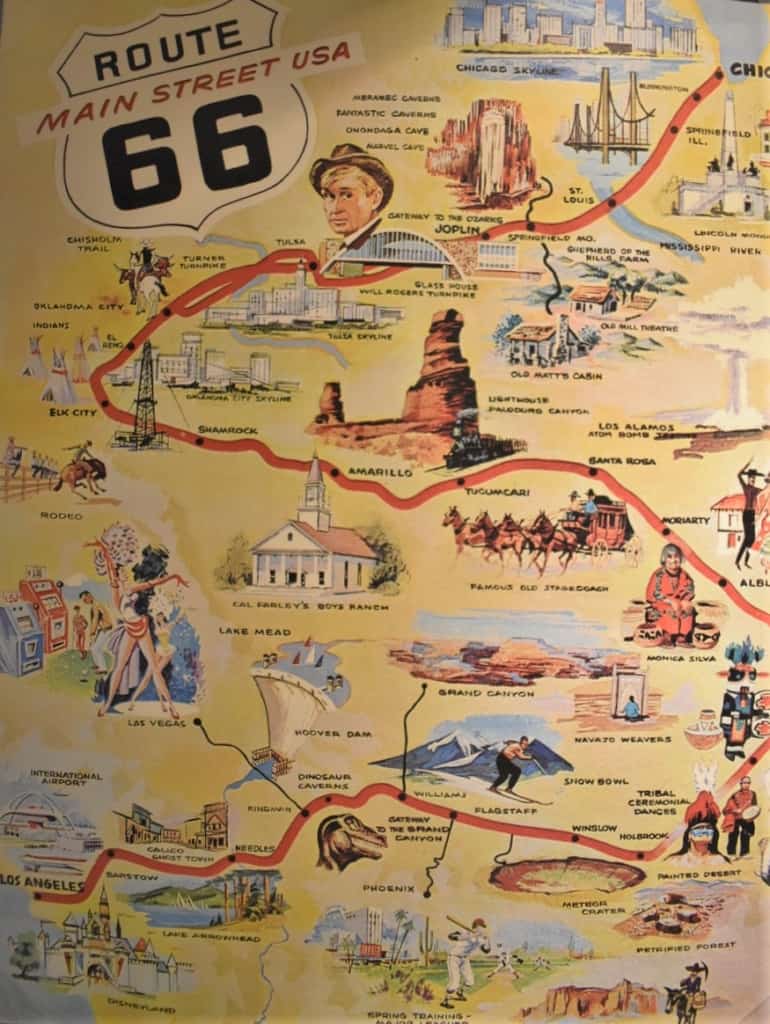 A poster highlights some of the marvelous attractions that made traveling Route 66 an adventure. 