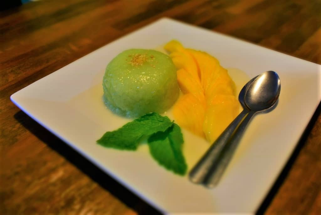The mango Sticky rice was an unusual, yet satisfying sweet ending to a dinner at Sushi Karma. 
