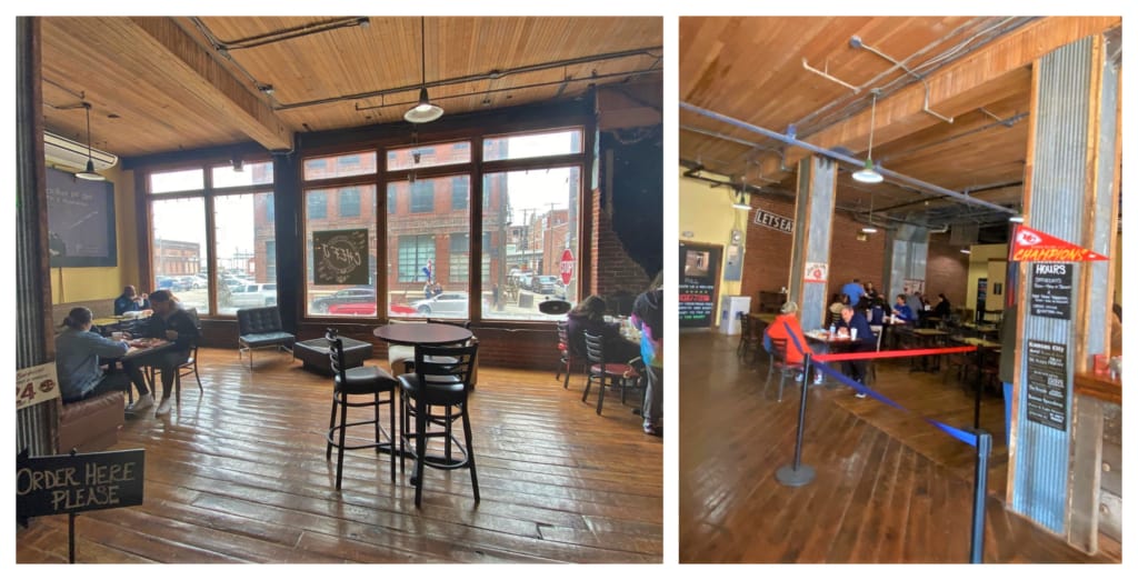 The interior space is a welcoming mix of old warehouse and eclectic seating. 