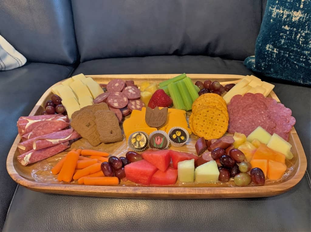 Our board was a collection of foods we found during our charcuterie trail excursion. 