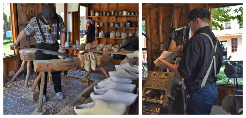 Traditional Dutch wooden shoe making is shown to visitors at the Pella History Village. 
