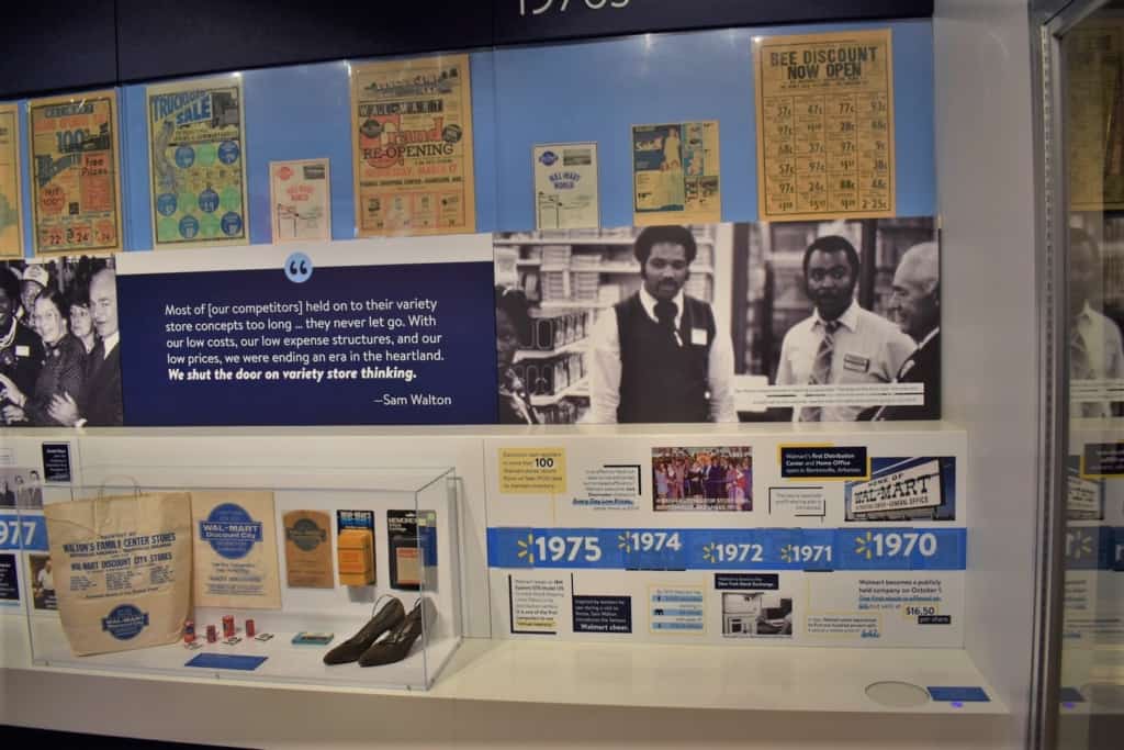 A timeline guides visitors on a walk through time as they explore the history of Walmart.