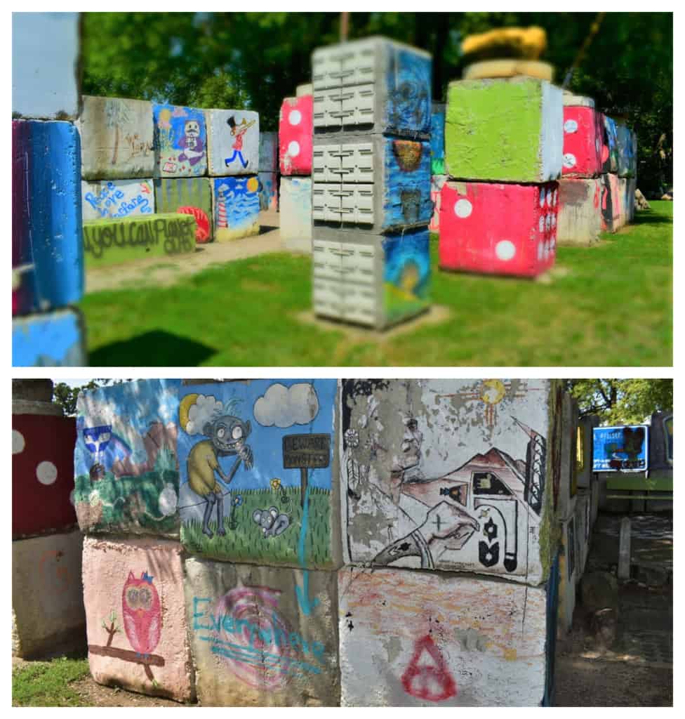 Stacked concrete blocks formed a makeshift maze covered with unusual artwork. 