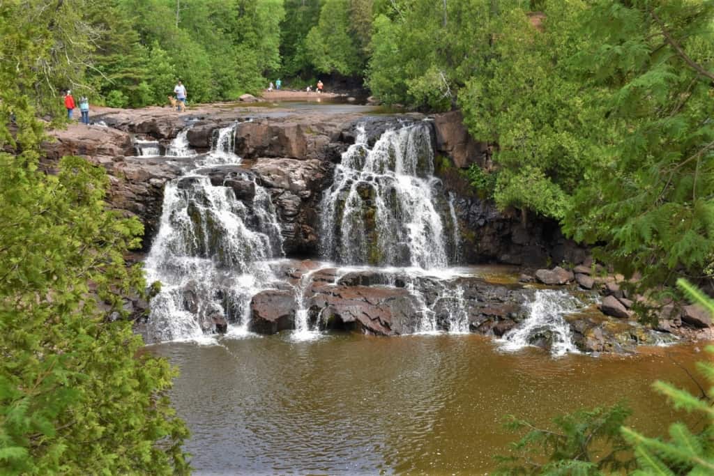 The dark basalt from past volcanic activity can be seen in the Gooseberry Falls. 