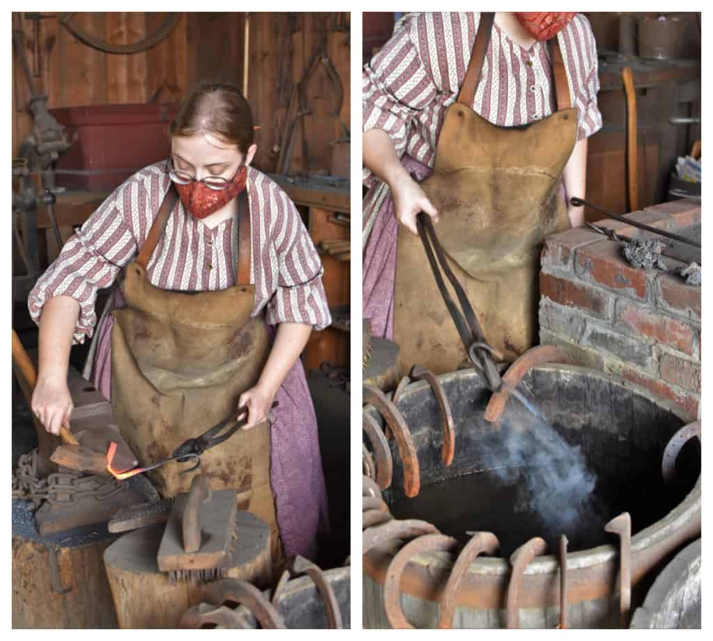 The blacksmith works an iron bar to create an S-hook. 