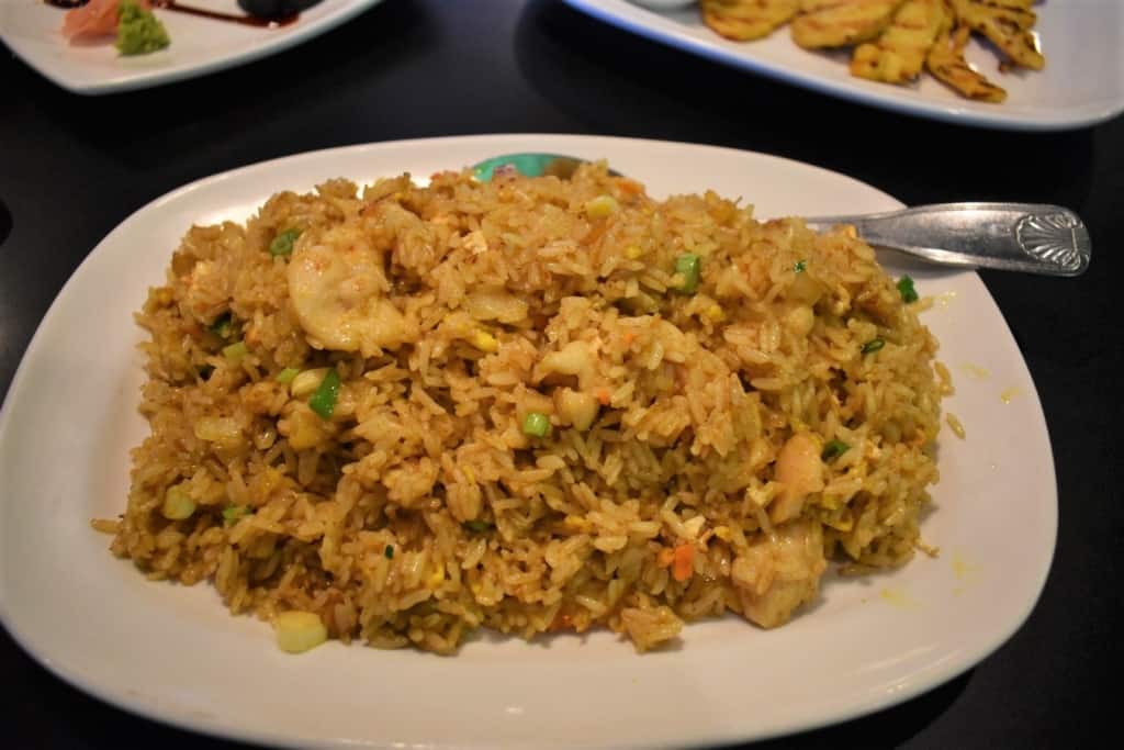 A large platter of Chicken Fried Rice helps round out a meal of tasty Thai treats. 