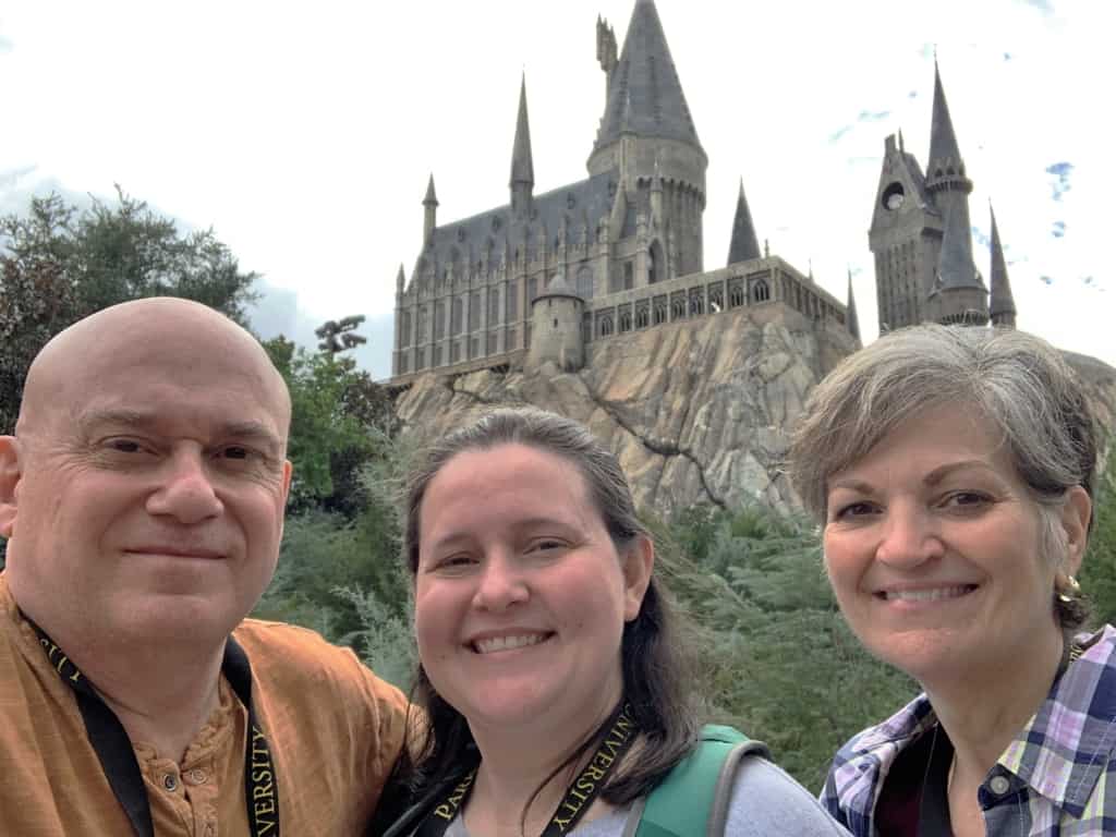 The authors pause from their magical moments for a selfie in front of Hogwarts Castle. 