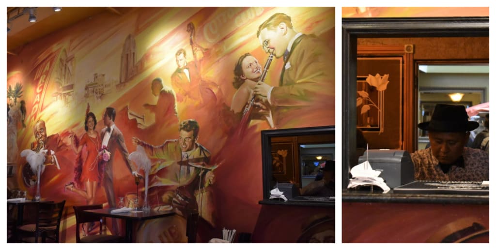 the main dining room is decorated with images of entertainment greats. 