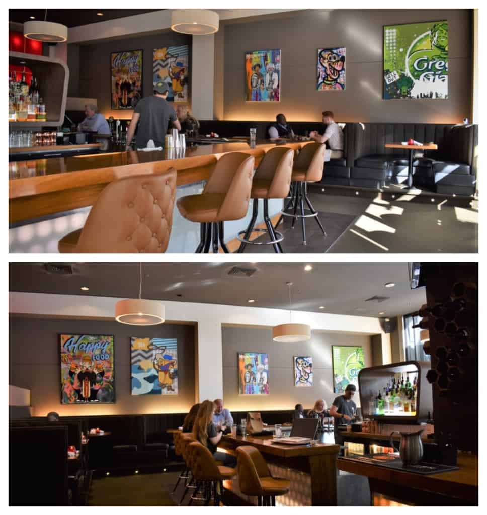 The retro feel of DLux is complimented by leather stools and vibrant artwork. 