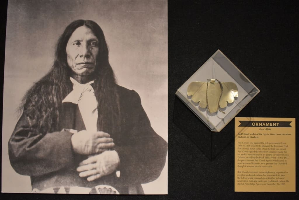 A display at the Nebraska History Museum showcases Red Cloud, who was a leader of the Oglala Lakota. 
