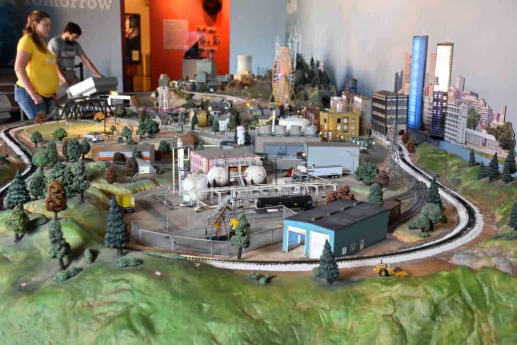 A diorama of a city's various energy sources.