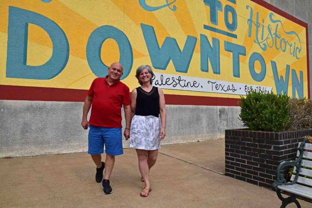 The authors stroll through the day in downtown Palestine, Texas.